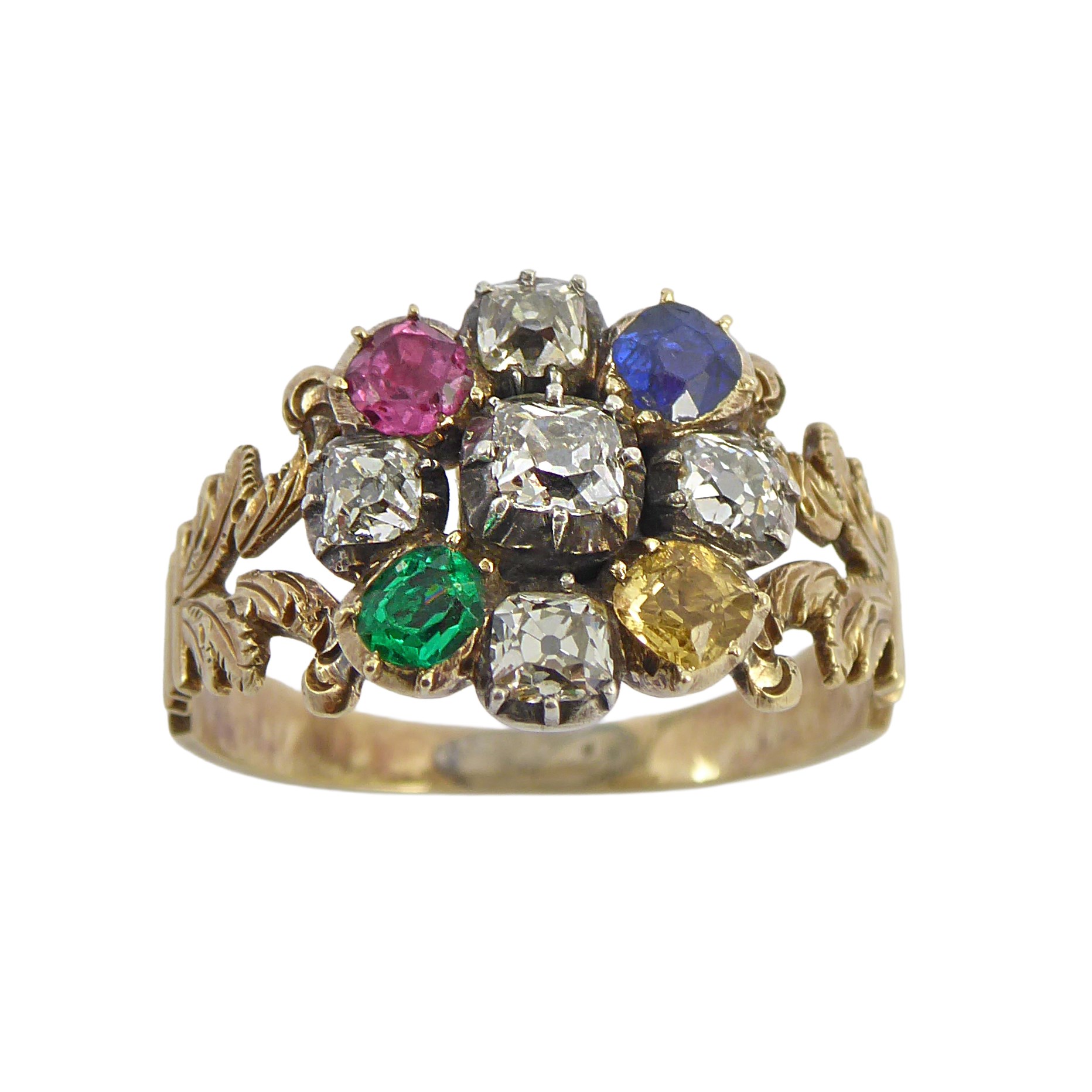 Late 18th / early 19th century diamond and coloured gem harlequin cluster ring, c.1800,